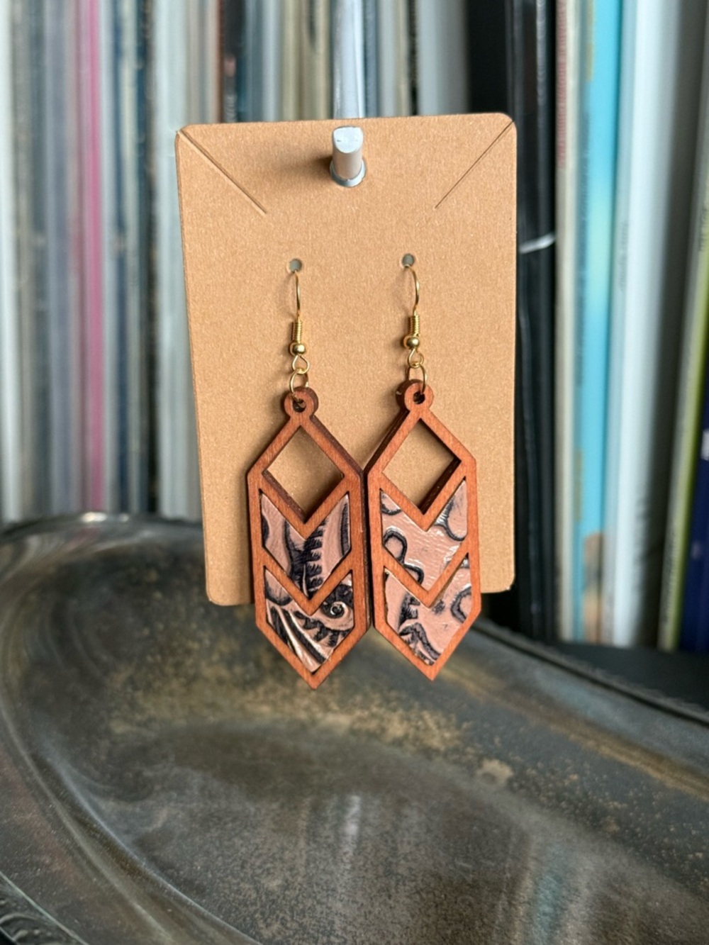 Wooden Geometric Tan and Black Dangle Earrings
